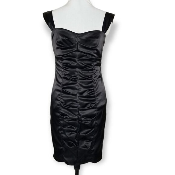 Vintage Ruby Rox Black Satin Bodycon Mini Dress With Ruched Center Goth Witch - Picture 2 of 10